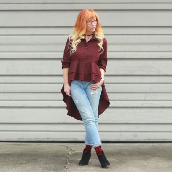 jcpenney Tops - Maroon Peplum High Low Ruffle Top